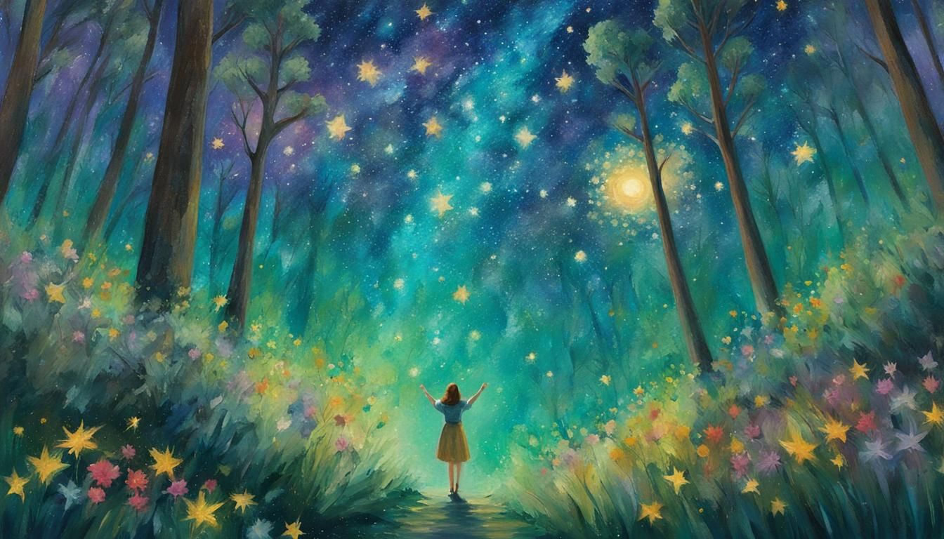 Impressionistic Woman Gazing at Starry Sky