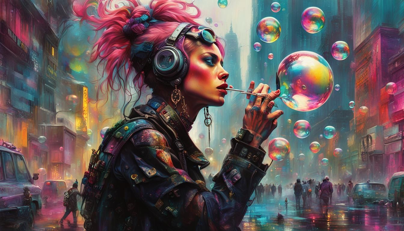 Synthwave Punk Women Dancing in Colorful Bubbles