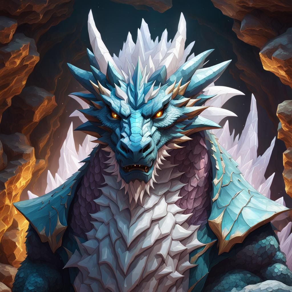 Quartz Crystal dragon in a cave surrounded by quartz Crystal...