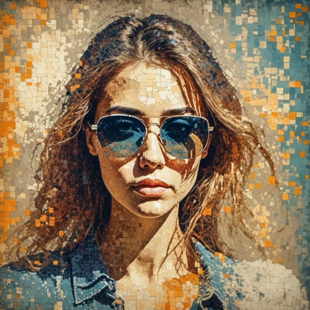 <lora:DistressedPixelation:1.0> A portrait of a gorgeous woman in sunglasses, fading into pixelation, distressed paint, pixelated