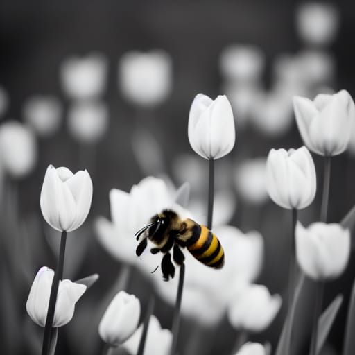 A bee in a field of tulips