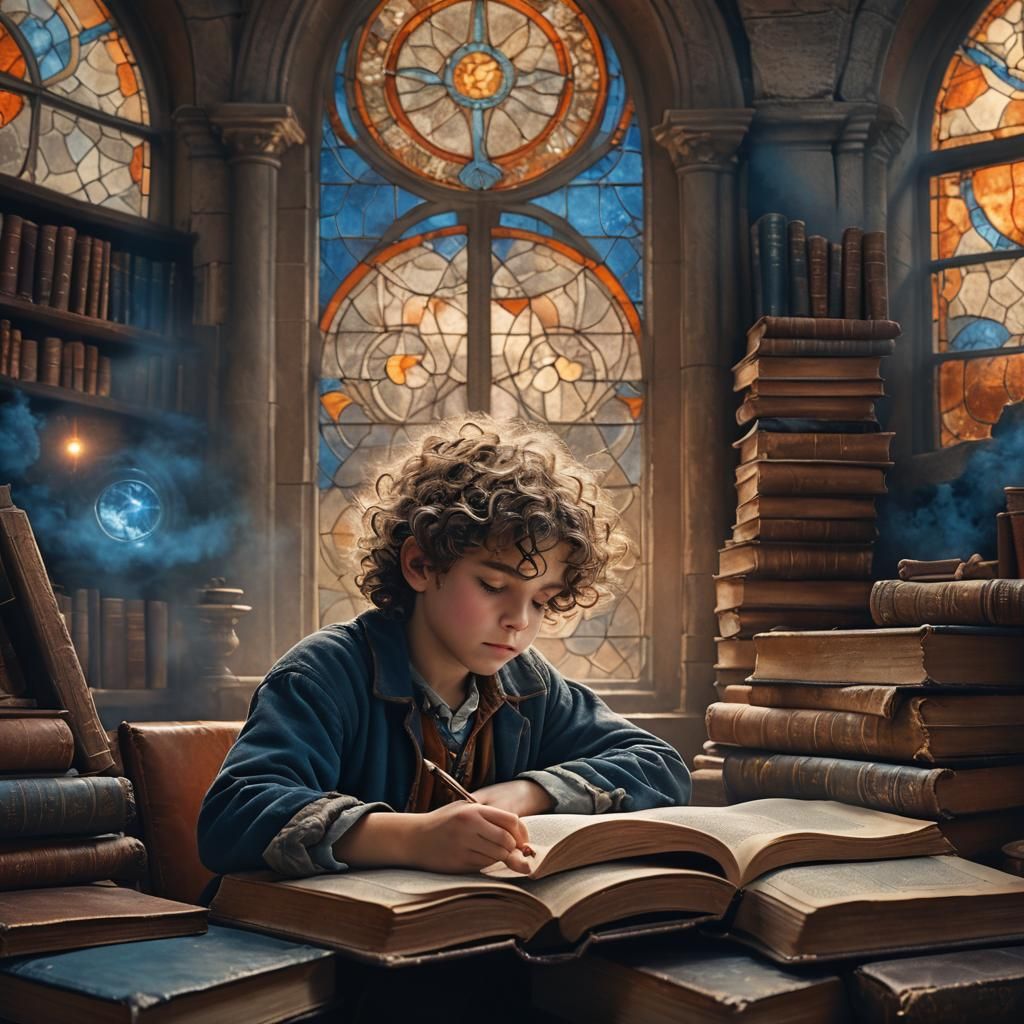 Boy Dreams in Mystical Study: Impressionistic Fantasy Art