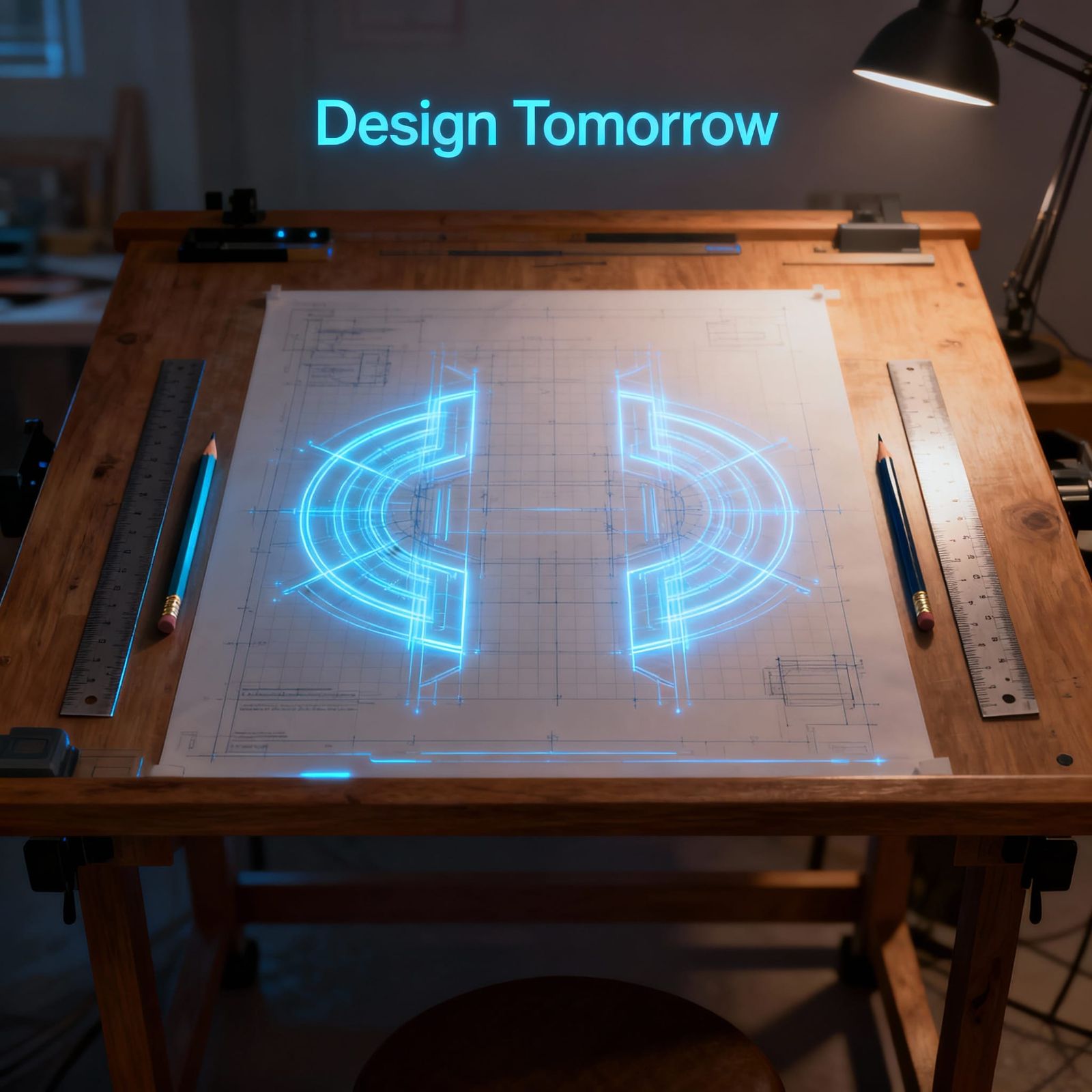 Minimalist Art "Design Tomorrow" on Wooden Table