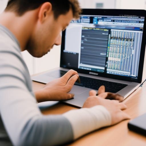 photograph of a man sitting at a desk making music on a lapt...