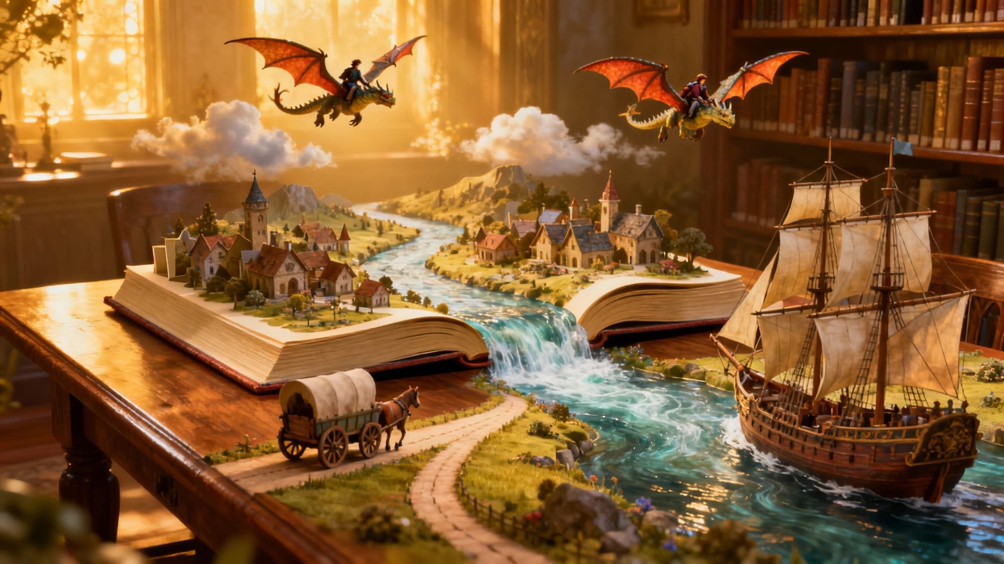 A magical, detailed 3D realistic pop-up book opens on a wooden table inside a glowing library. The pages unfold, revealing a photorealistic...