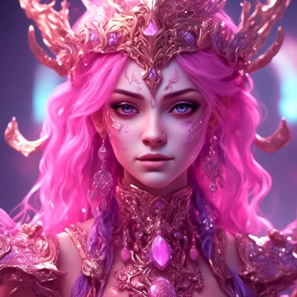 ((pink Hues))(alluring, smirk) (Detailed face, Metallic eyes, body shimmering )(Electric lighting) (Caught you watching me, ) <lora:Enjoymen...