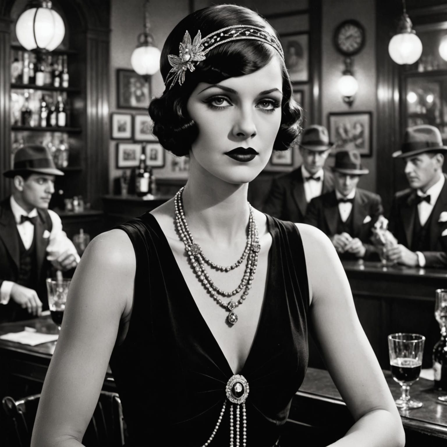 1920s Speakeasy, gorgeous woman , comics style , black and white  by @PresidentStone