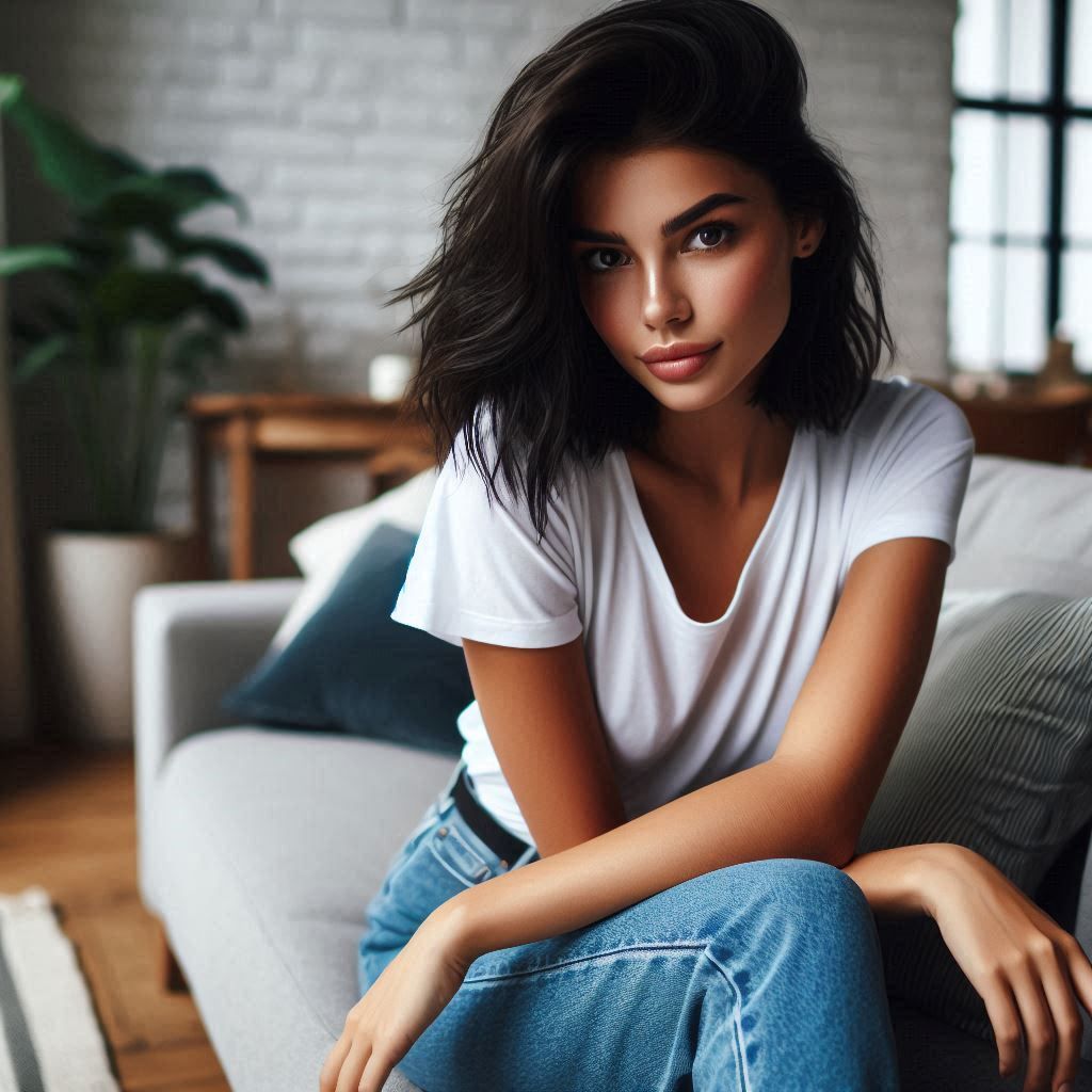 a young vibrant dark haired woman wearing a white t-shirt and denim jeans sitting on a couch