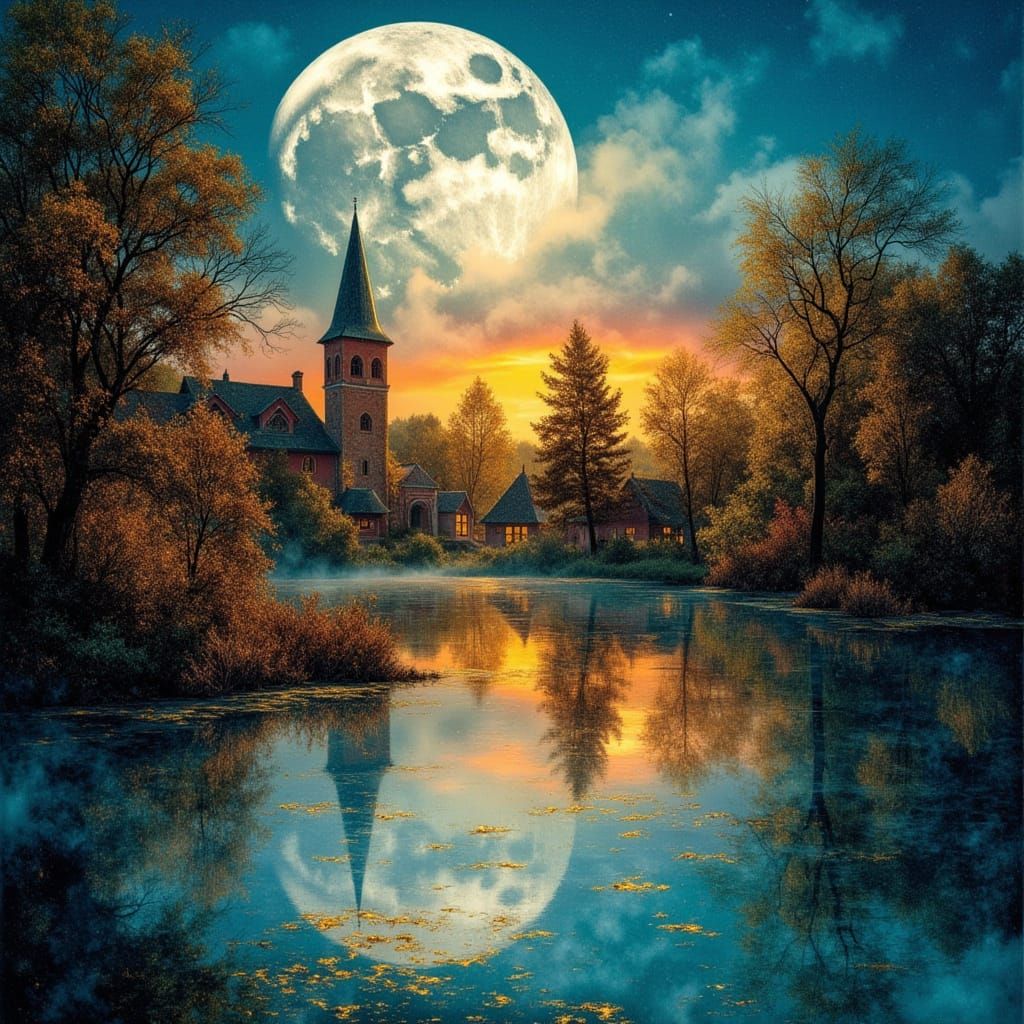 Double exposure, huge silver moon :: double exposure, Vaporwave close up lakeside village, in the harbour, in hues of orange and dark blue. ...