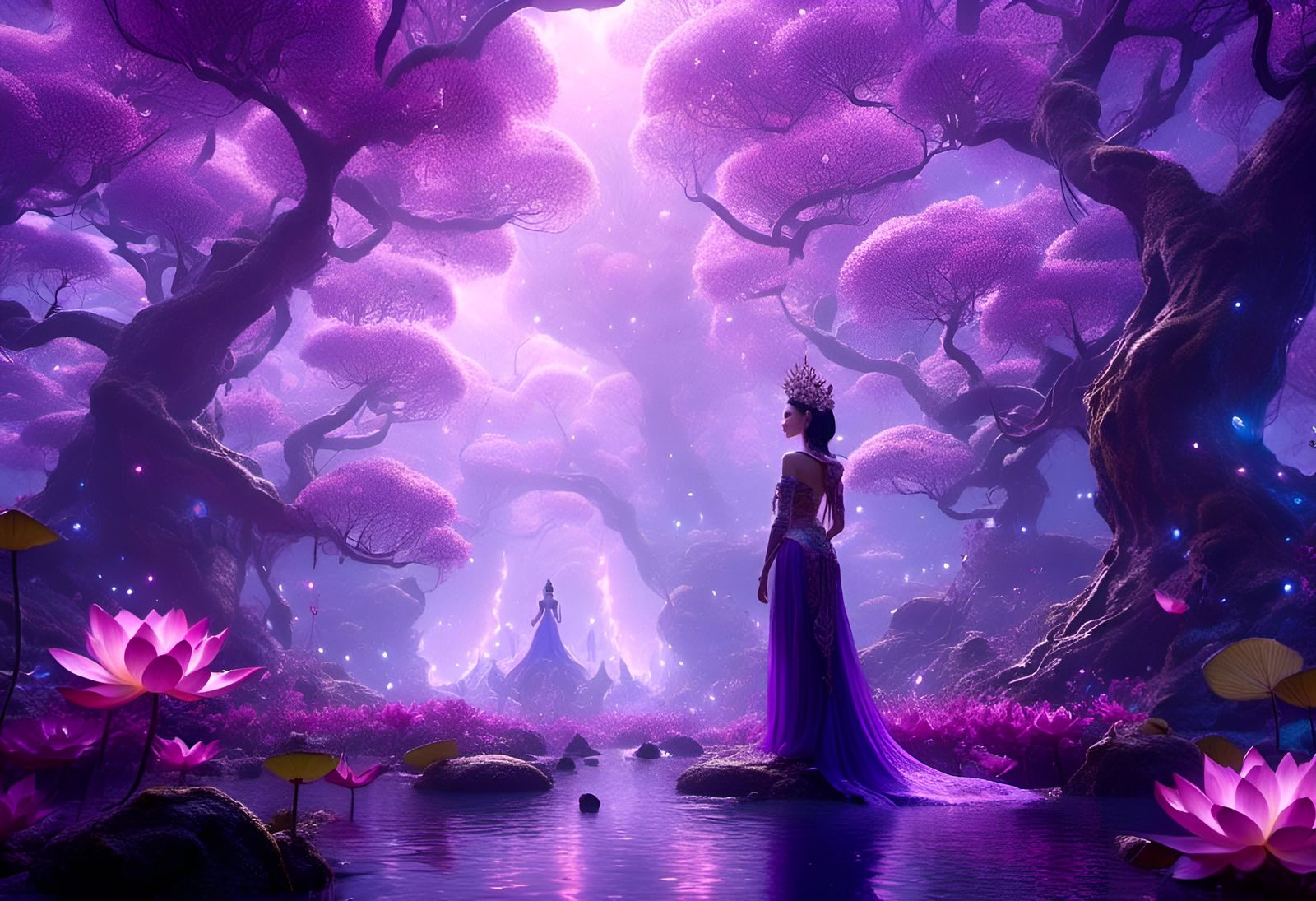 <lora:Lotus:1.0> Lotus queen portriat, crystal purple forest with giant trees background, magical ethereal landscape, by Epic cinematic bri...