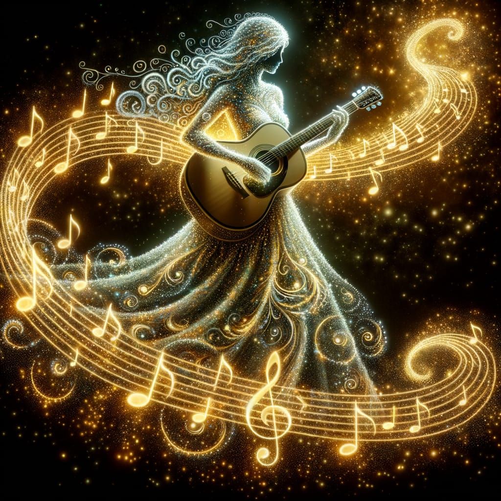A luminescent fantasy art illustration of a woman wearing a flowing translucent gown made completely from music notes. She is playing an aco...