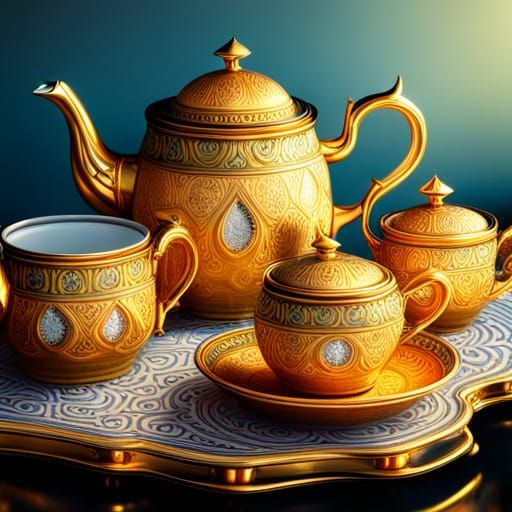 shiny gold tea set encrusted with very bright and huge diamonds and
