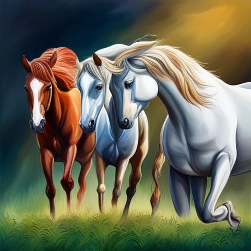 beautiful multicolored horses in a green grass field, hyerrealistic ...