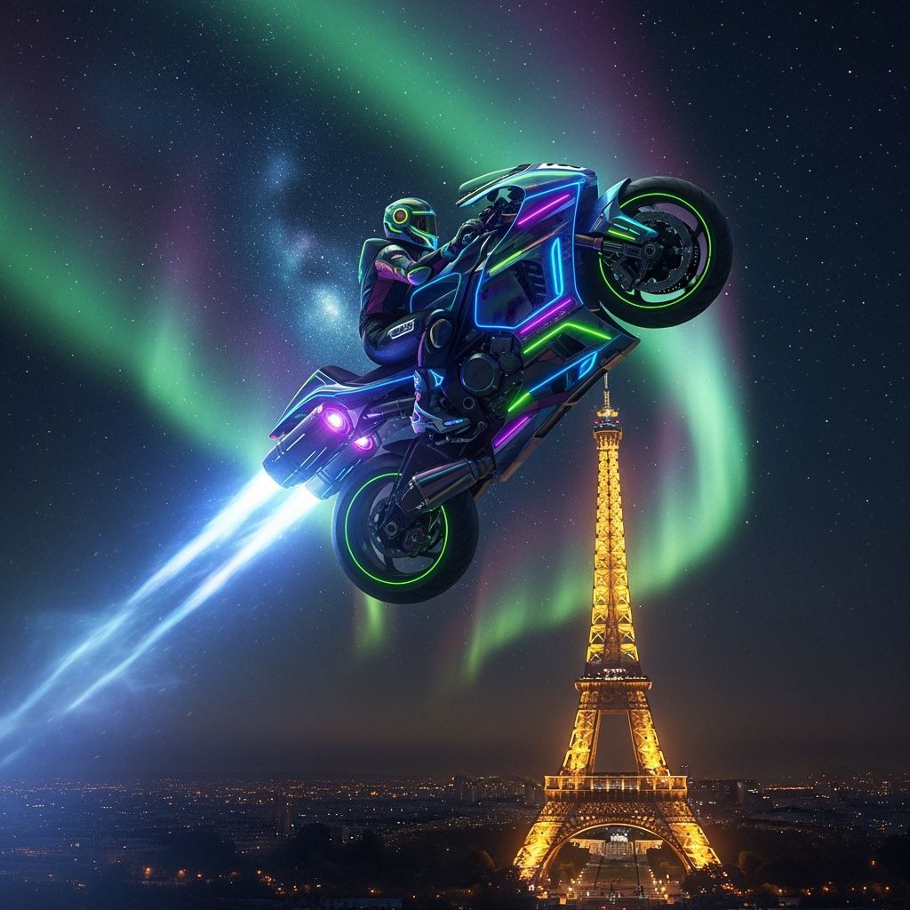 Futuristic Motorcycle Wheelie Above Illuminated Eiffel Tower