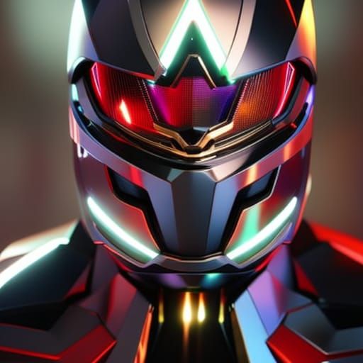 A golden fractured hovering robot in front of an abstract co...