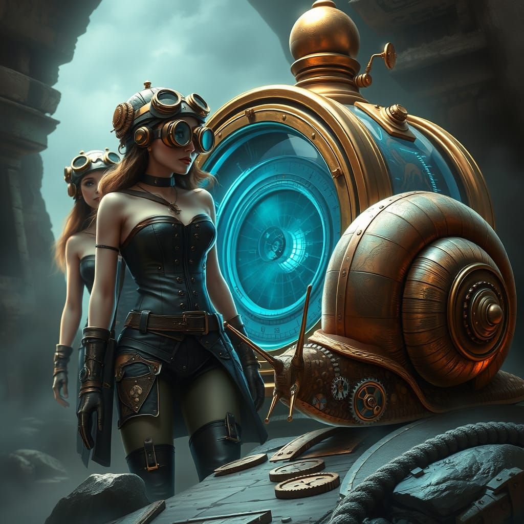 Raquel the Witch polishing her steampunk brass and glass broom which is glowing brilliant blue - Start Image 2