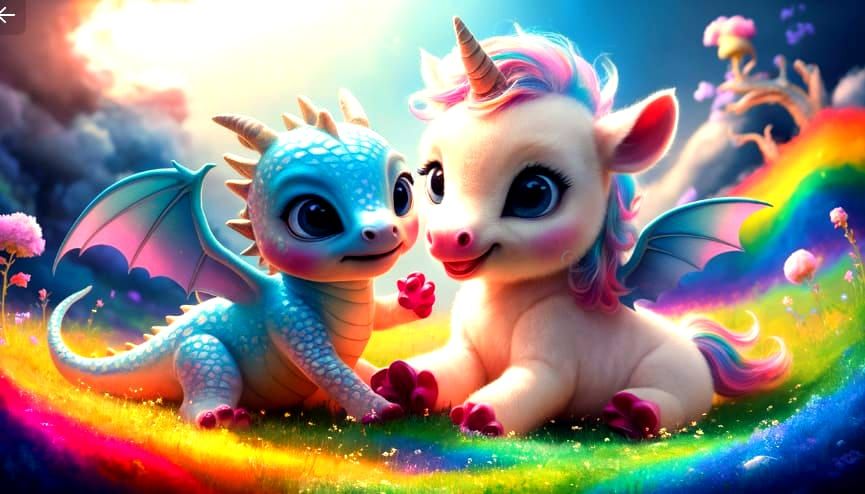 Cute Little Baby Unicorn and Dragon Playing Together
