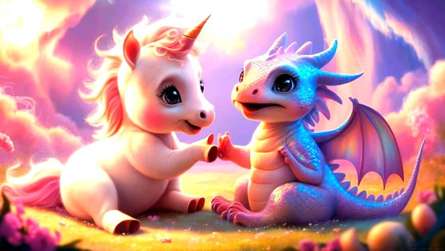 Cute Little Baby Unicorn and Dragon Playing Together
