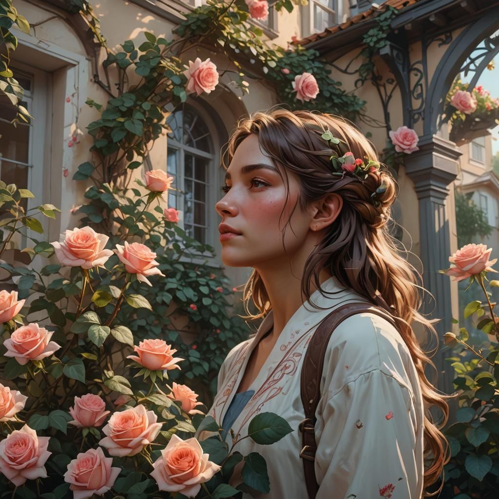 A woman smelling a rose bush in front of her house.