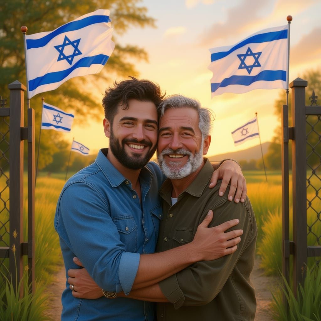 Joyful Reunion: Son Embraces Father Amidst Israeli Flags