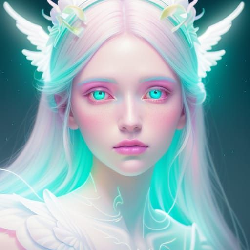 A hyper-realistic portrait of a young angelic goddess in ghostly spiritual form, in glowing white and pale yellow tones. Her presence serene...