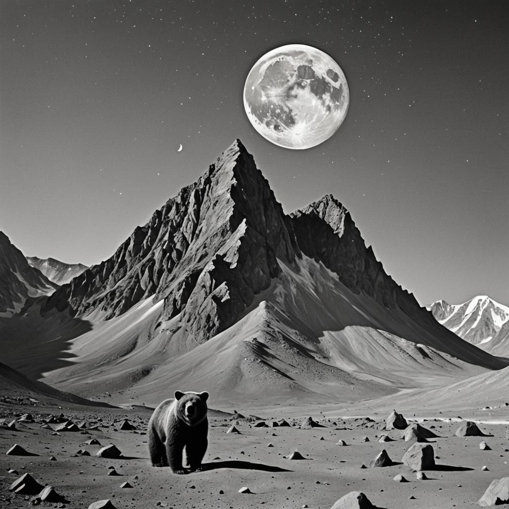 A mountain on the moon with a bear.