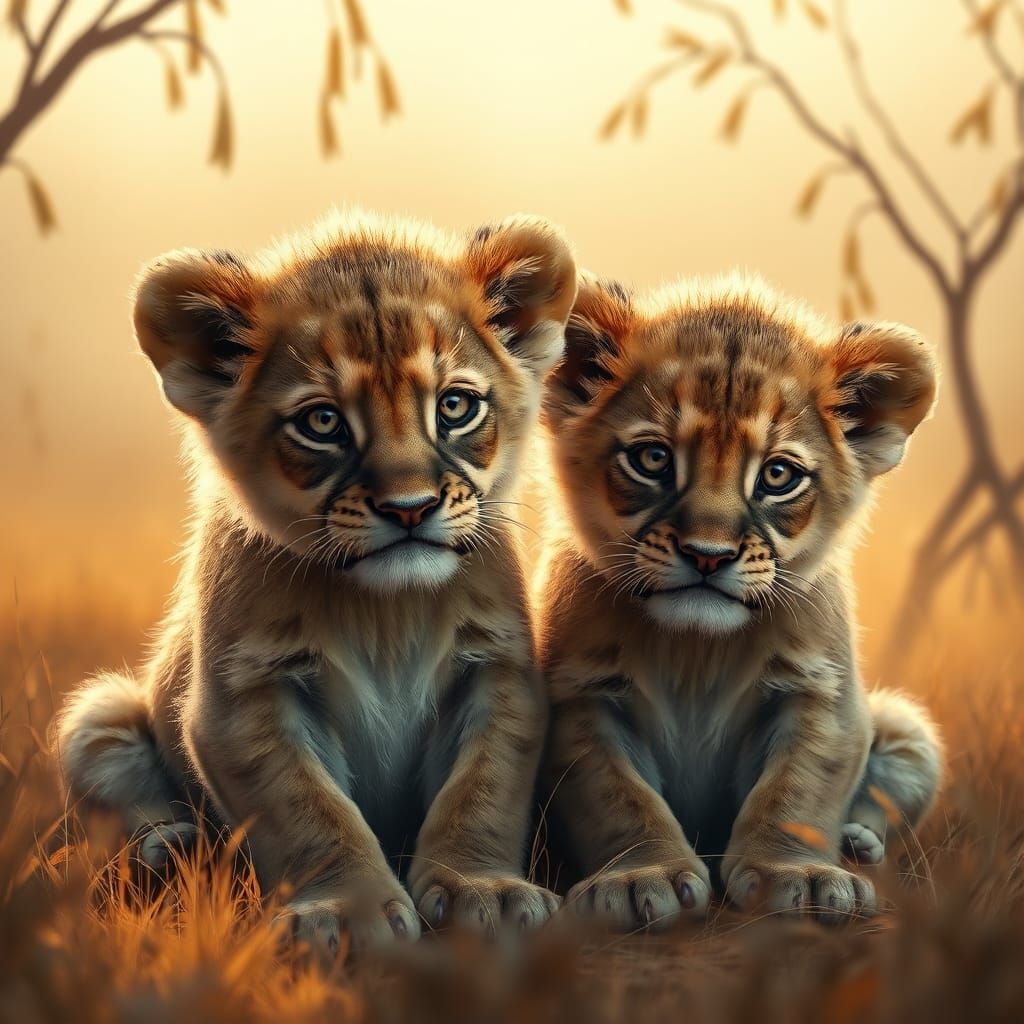 Lion Cubs in Dreamlike Savannah, Fantastical Realism