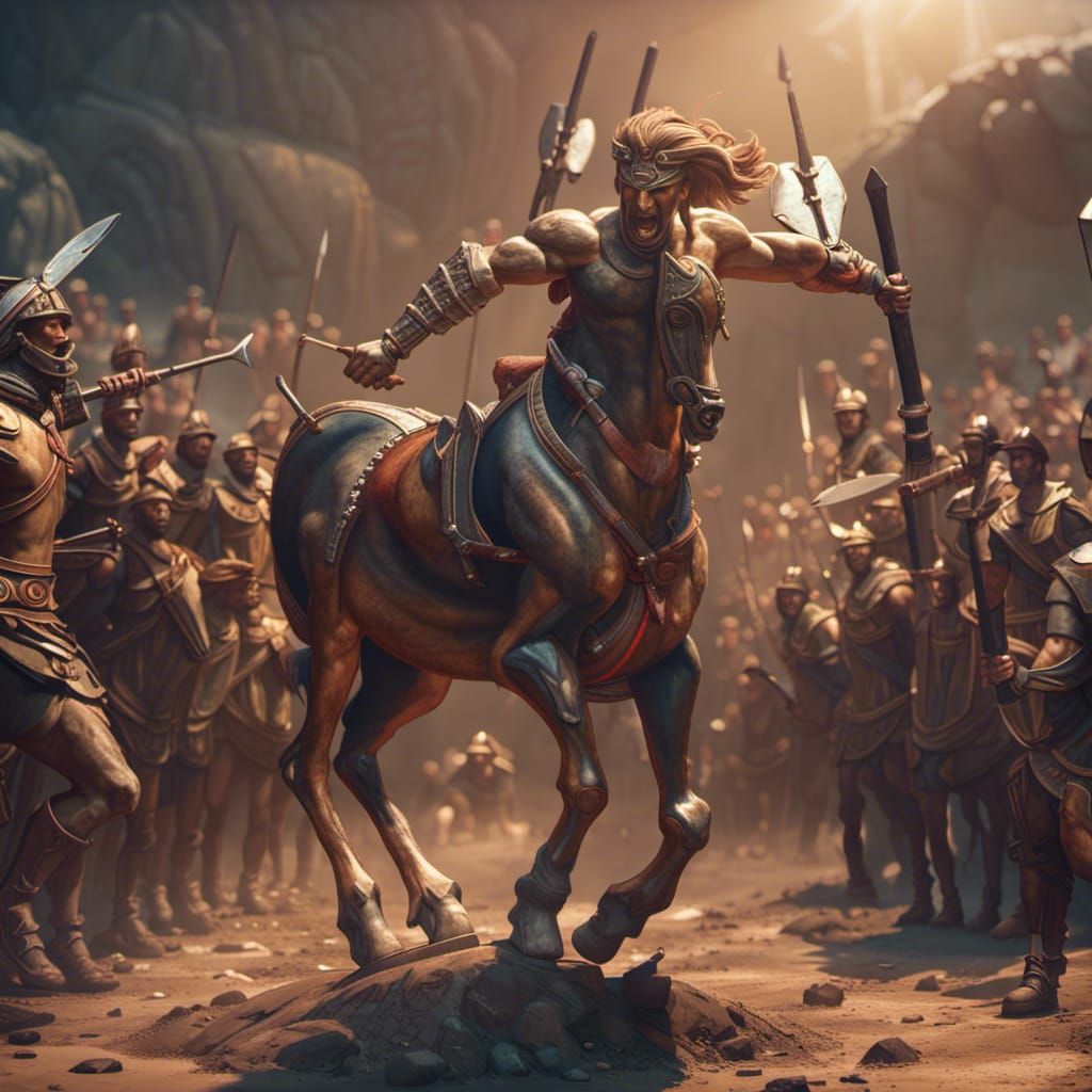 Centaur surrounded by Spartan soldiers  by @BulePanda