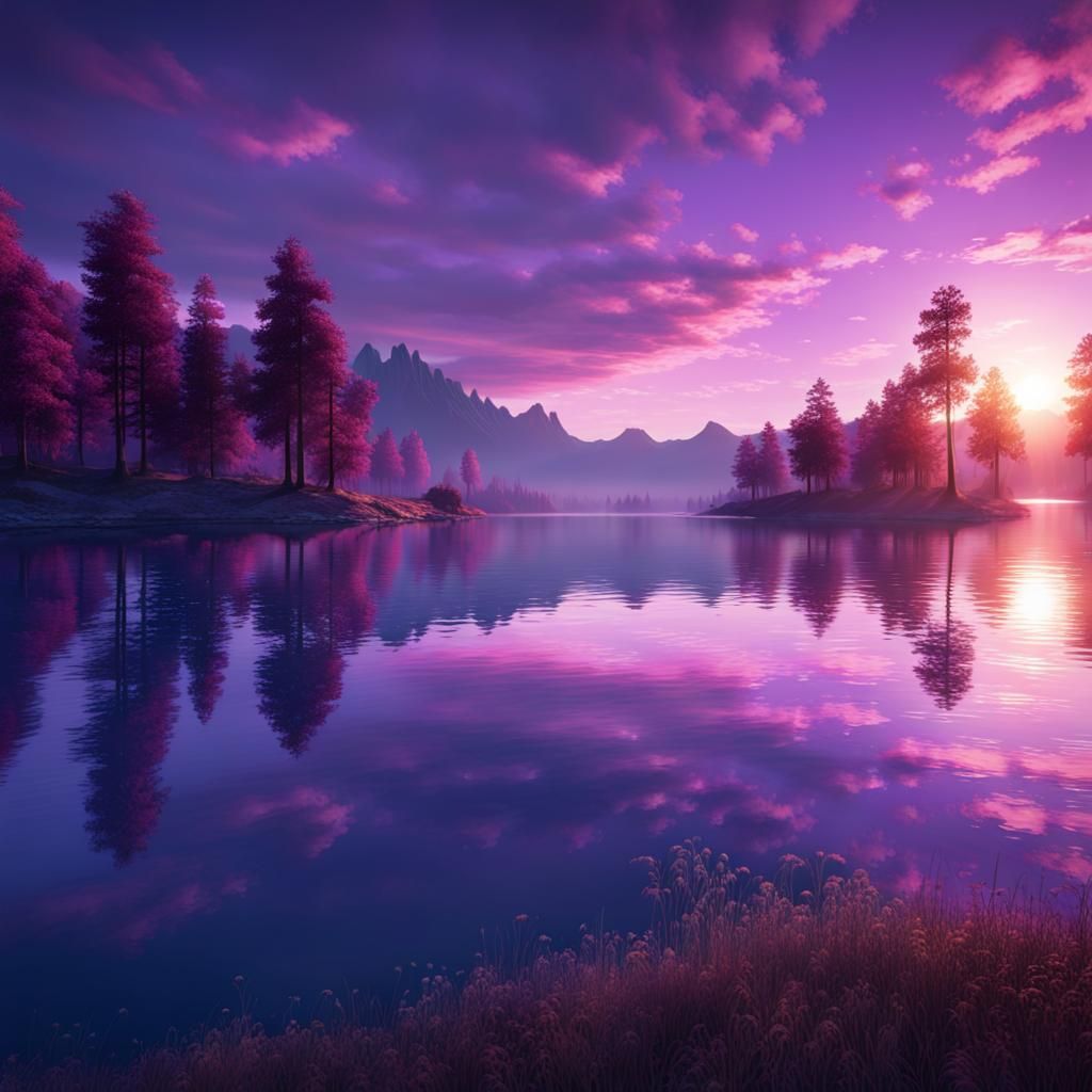 purple and blue sunset over serene lake - AI Generated Artwork ...