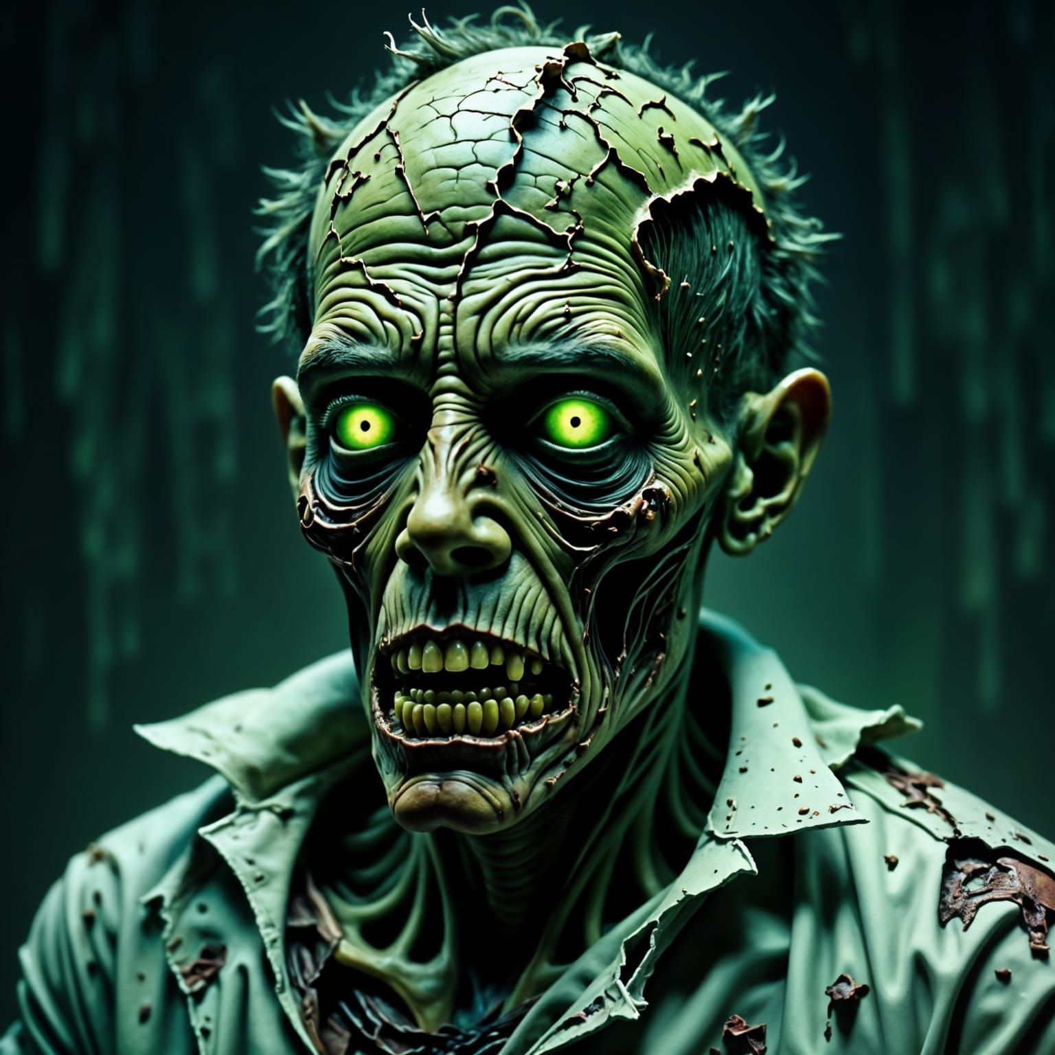 A terrifying ultra-detailed half body portrait of a make zombie with rotting, peeling flesh and exposed muscle. His green glowing eyes stare...
