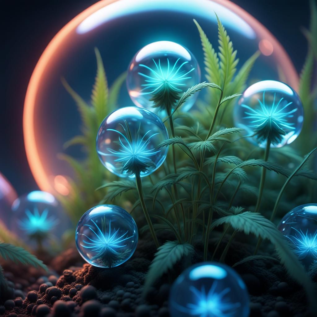 Small terracite spheres surrounding the weed, emitting ligh  by @Asia Egorova