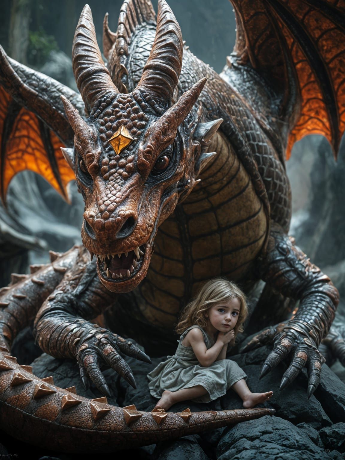 Mother dragon protecting a young orphan girl as if she was her baby   by @Dreamer in Hell