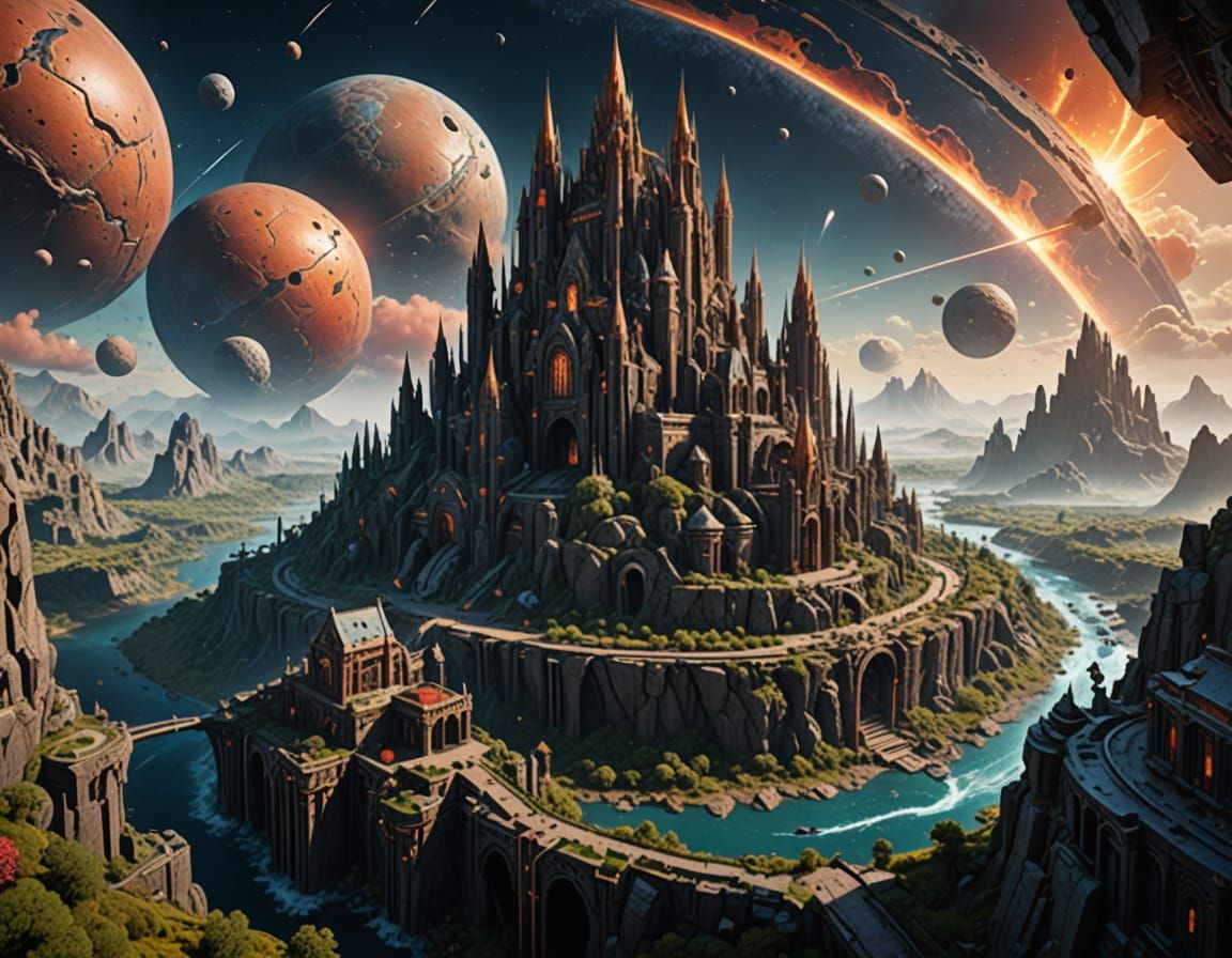 An ancient, geometric city built into the side of a colossal asteroid, bathed in the warm sunlight of a binary star system. The city's build...