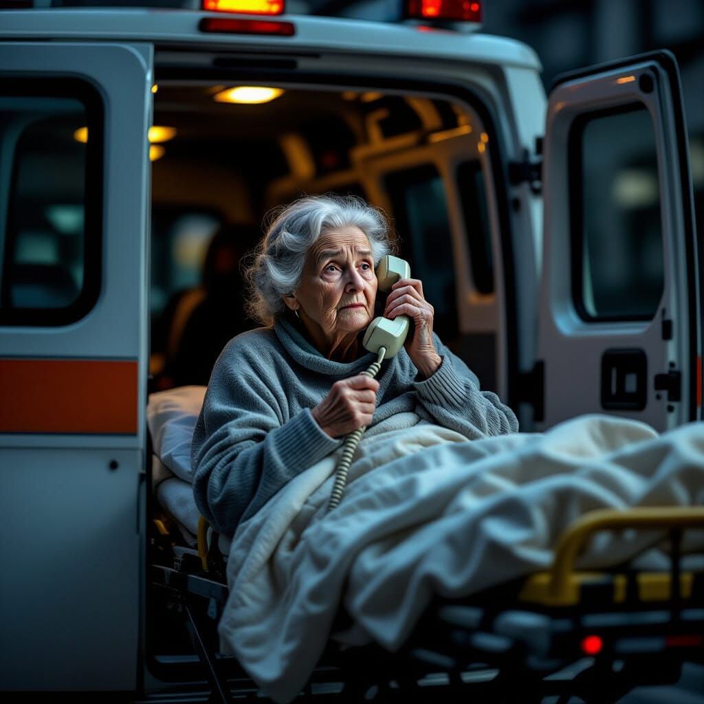 A sick old woman is carried on a stretcher from an ambulance. The woman is talking on ONE telephone.