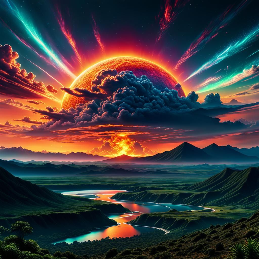 Burning Sky, End of the World, Atmospheric, Serene, Eerily Calm 8k resolution holographic astral cosmic ...  by @whiterose