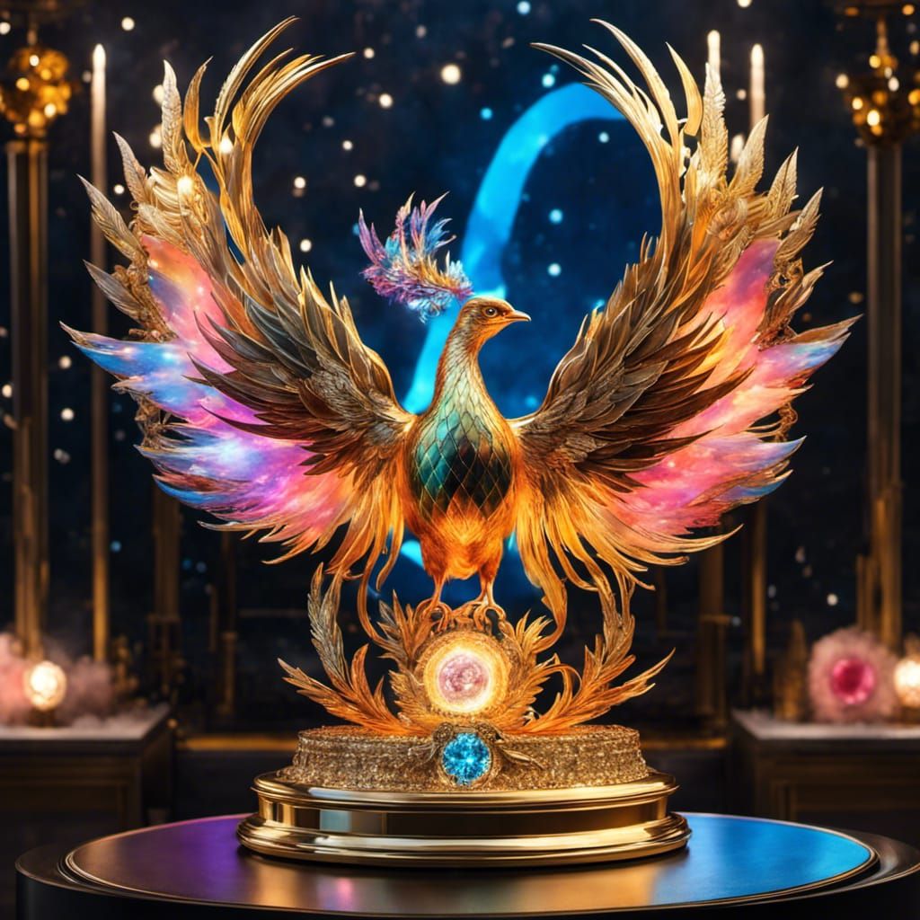 ~A Tiny colorful Phoenix ON A diamond encrusted TROPHY STAND 🏆encrusted ...