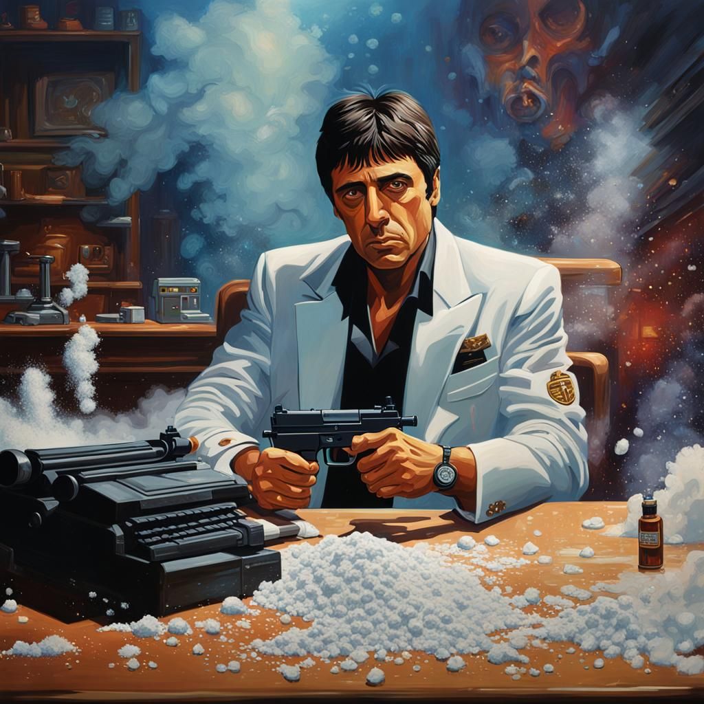 tony montana, sitting at desk with pile of white powder in front of him and machine gun sitting on the ...  by @undefined