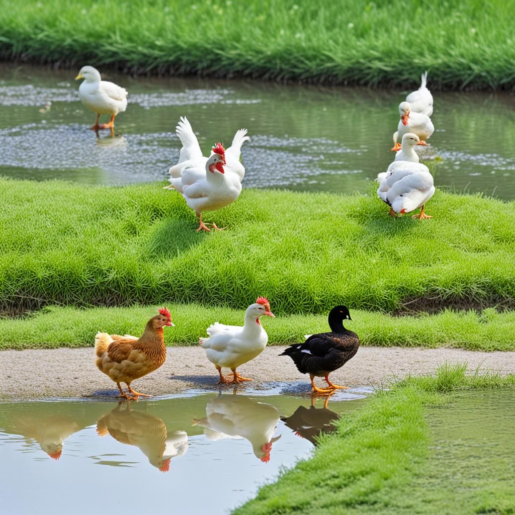 Chickens and Ducks in Neo-Impressionist Oil Painting