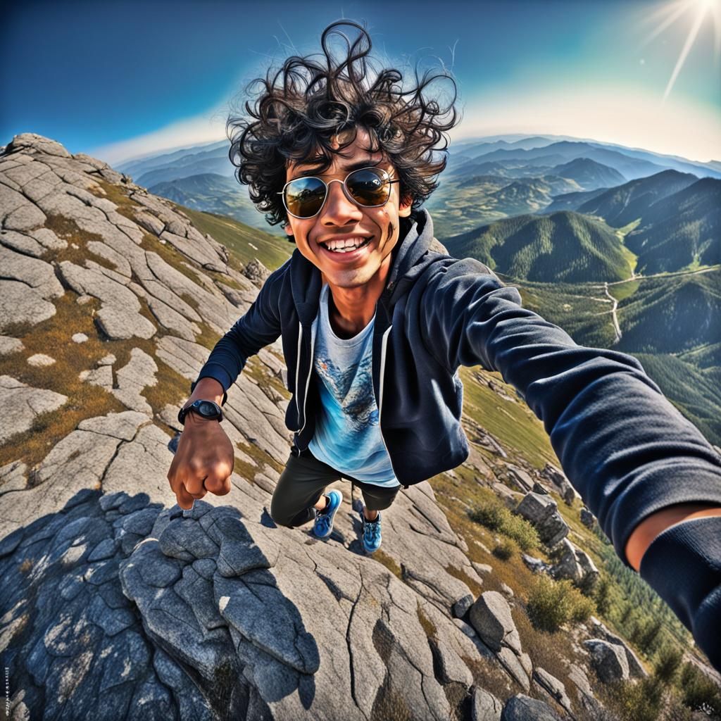 Boy taking wide angle selfie with smile With curly black hai...