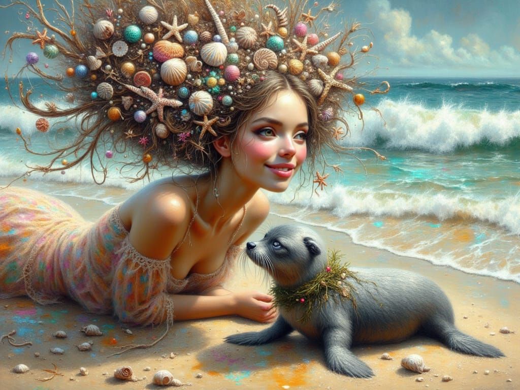 <lora:FiosXmasMagicWithMax:1.0> Coral and her SEal friend  Sam