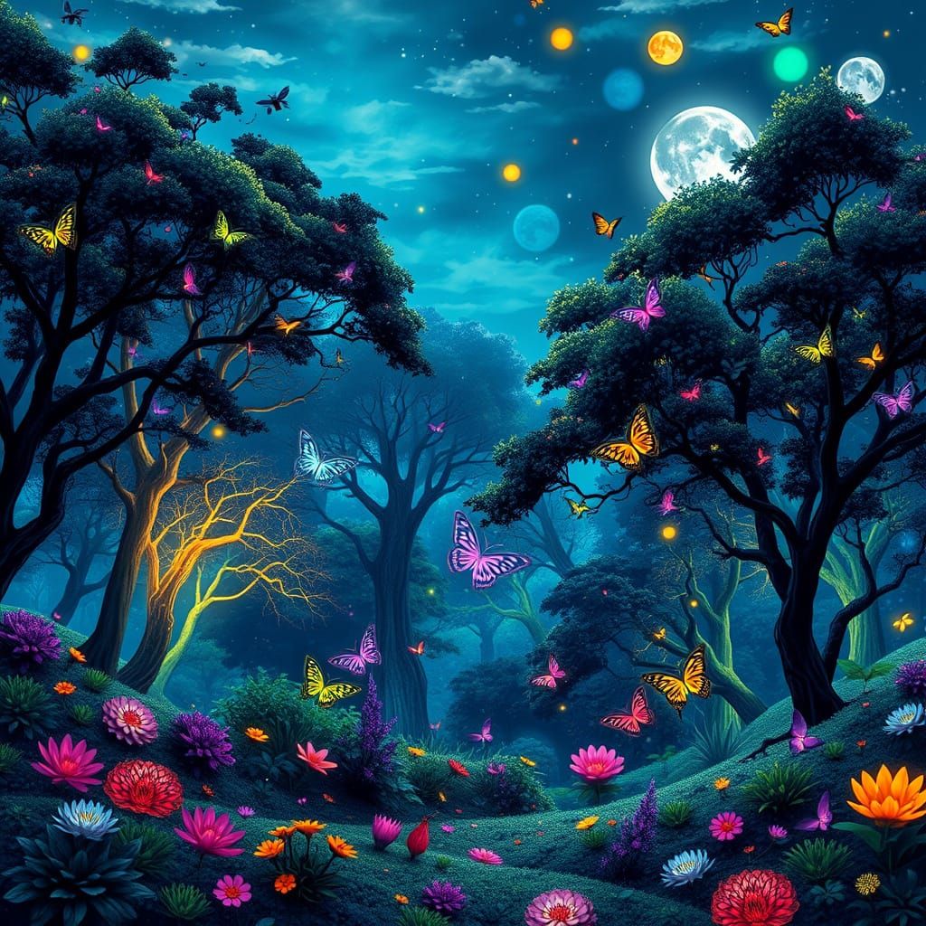 paisaje natural de estilo neón de fantasía, luces de neón brillantes, árboles místicos, colores vibrantes, ...  by @esmirquinn