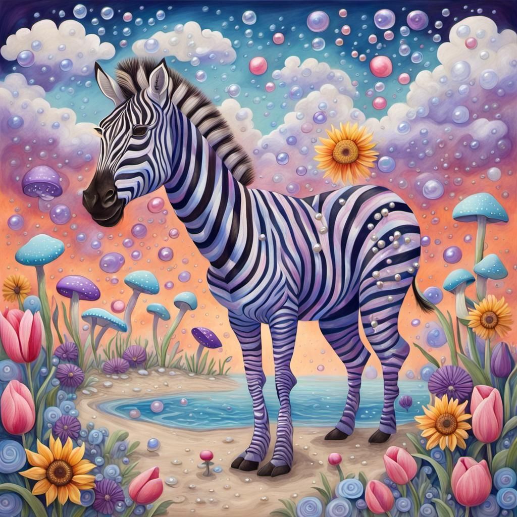 Zebras in a Vibrant Gouache Candyland Wonderland
