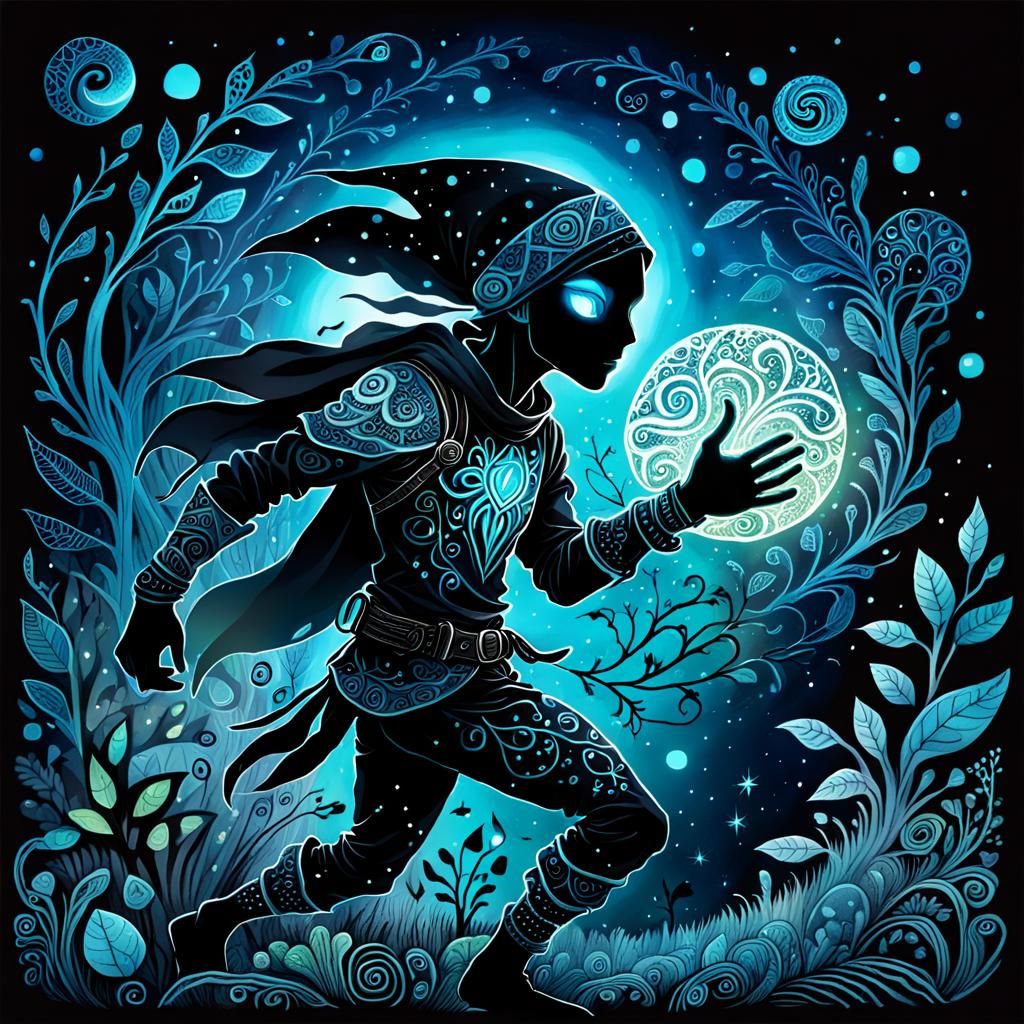 Mashed thief, magical, night, shadows, Zentangle Bioluminesc...
