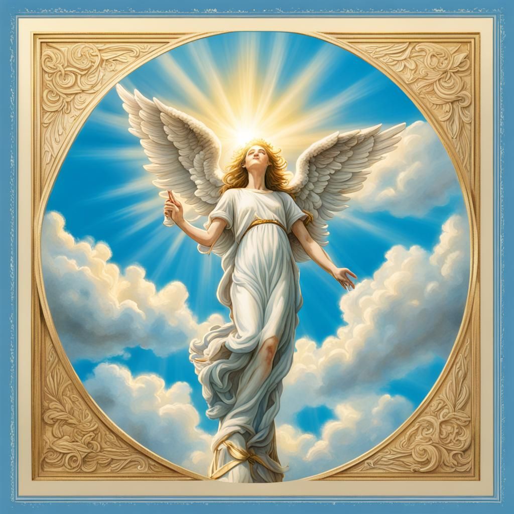 Postcard from heaven, greeting from saved soul, angel on post stamp