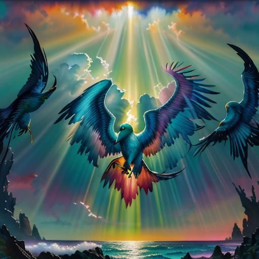 colorful vibrant Sunset over the ocean, Rays of Sunlight peaking through the clouds | 16k resolution, 64 megapixels, epic maximalist landsca...