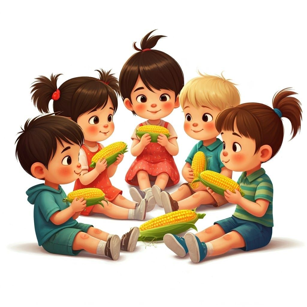 Children Enjoying Corn on the Cob in a Vibrant 3D Environmen...