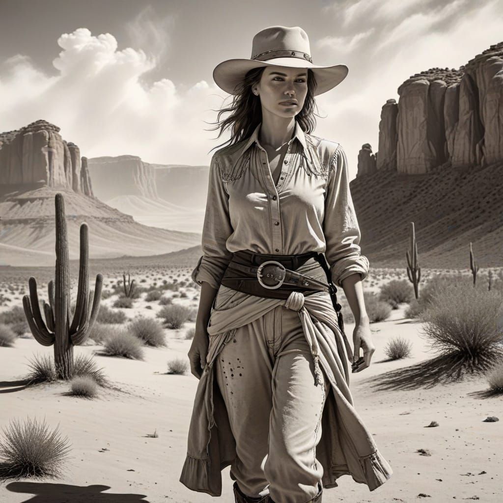 Woman in Old Western Outfit, Ink Drawing in Natural Desert S...
