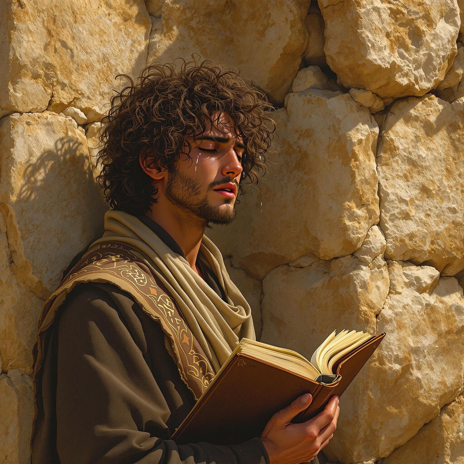 Man Praying at Western Wall in Fantasy Art Style