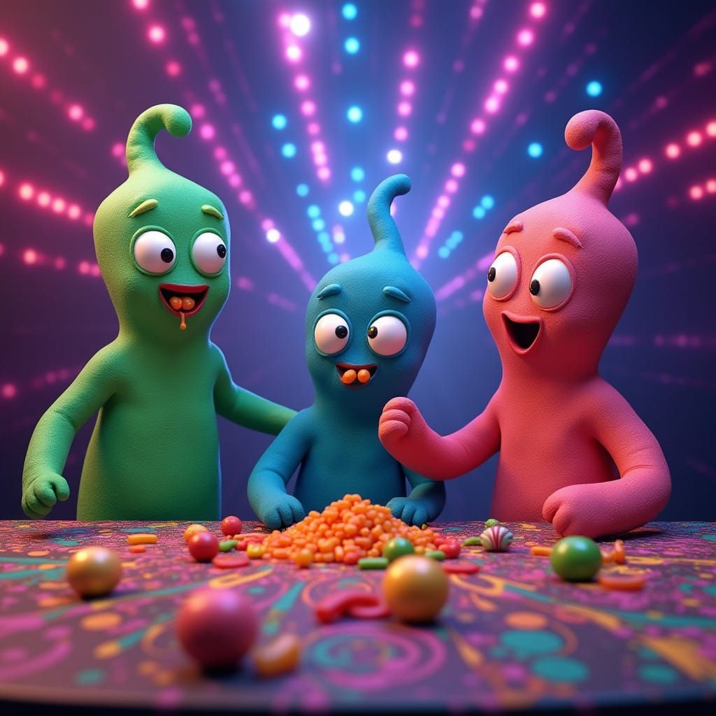 Claymation of Gumby and friends eating gummies and sour kids at a play dough table at a disco