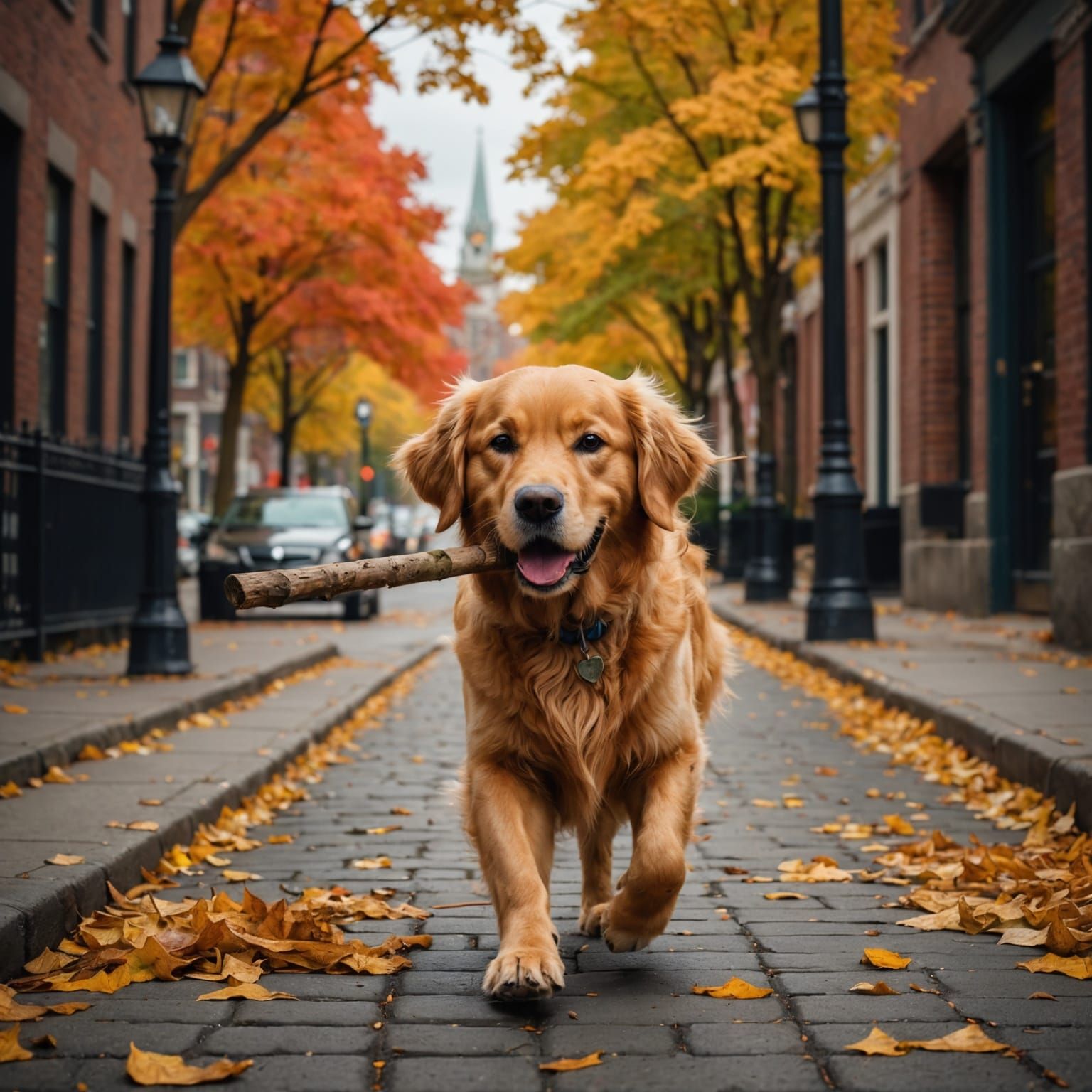 A golden retriever balancing a large stick inside of its mouth while walking down a sidewalk in Boston. Rich and vivid colors. 